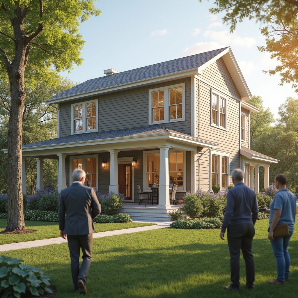 Three men approach a two-story house with a porch and gray siding, sunny day.
