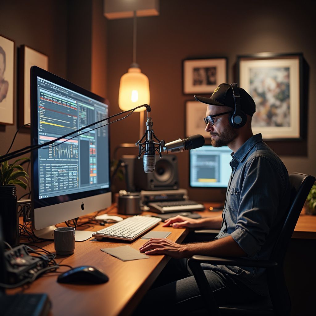 Man in recording studio edits audio on computer, speaking into a microphone.