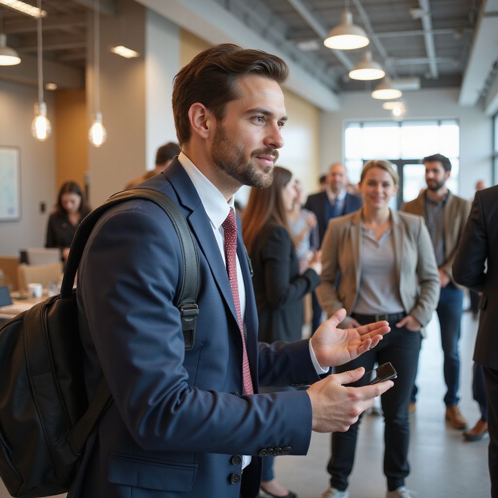 Man in a suit, gesturing, walking through a modern office, carrying a backpack. People in the background.