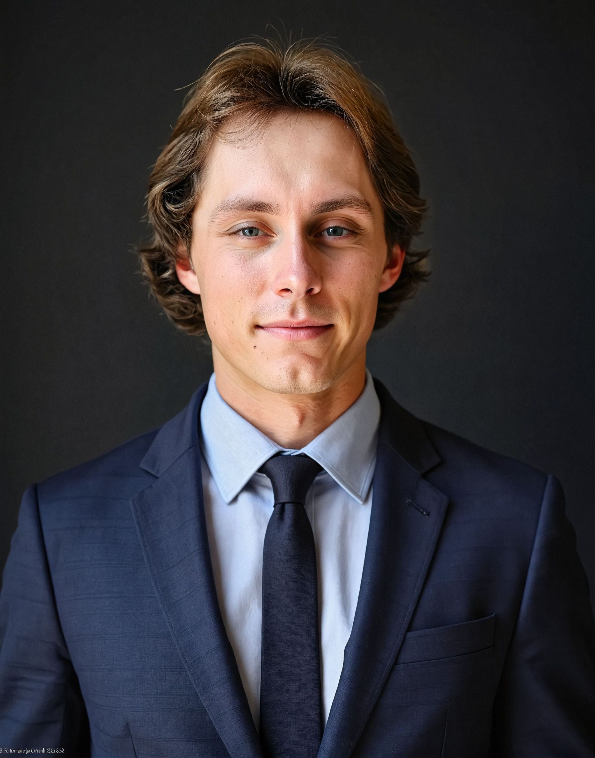 Man in dark suit and tie, light blue shirt, looking at the camera against a gray backdrop.