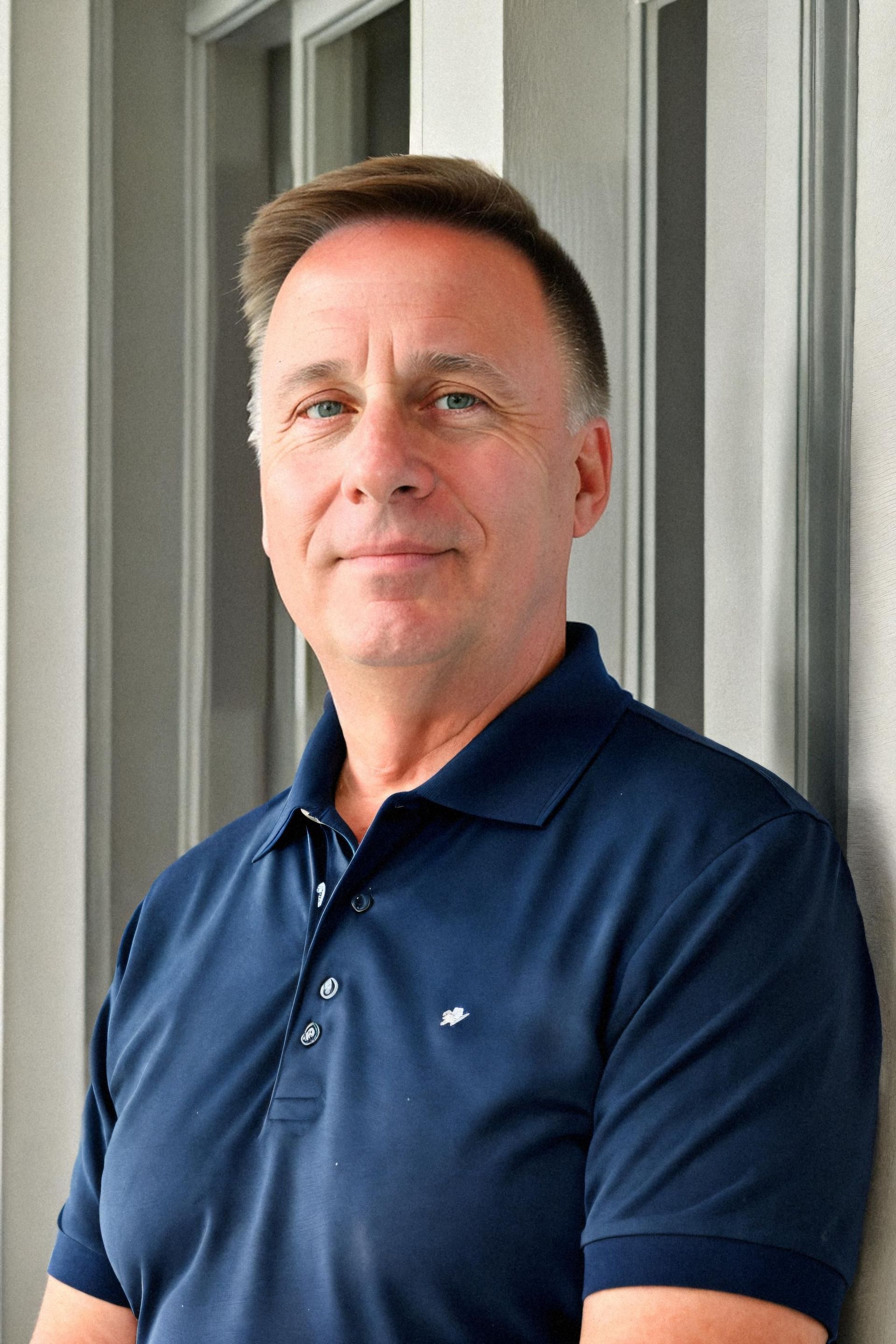 Man in navy polo shirt, leaning against a wall with vertical panels.
