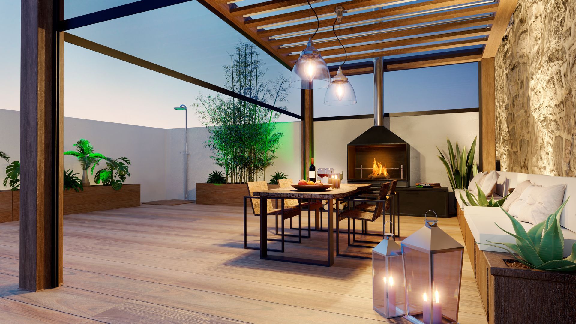 Outdoor patio with wooden deck, dining table, fireplace, and ambient lighting.
