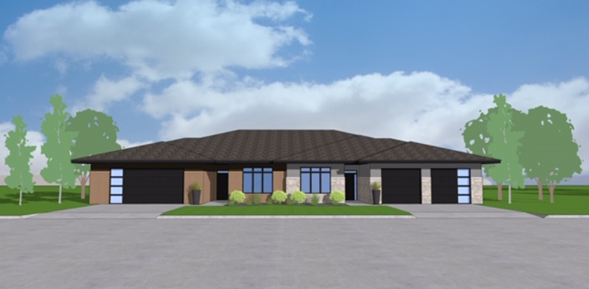 Rendering of a modern multi-unit building with dark garage doors, light-colored walls, and a brown roof, against a cloudy blue sky.