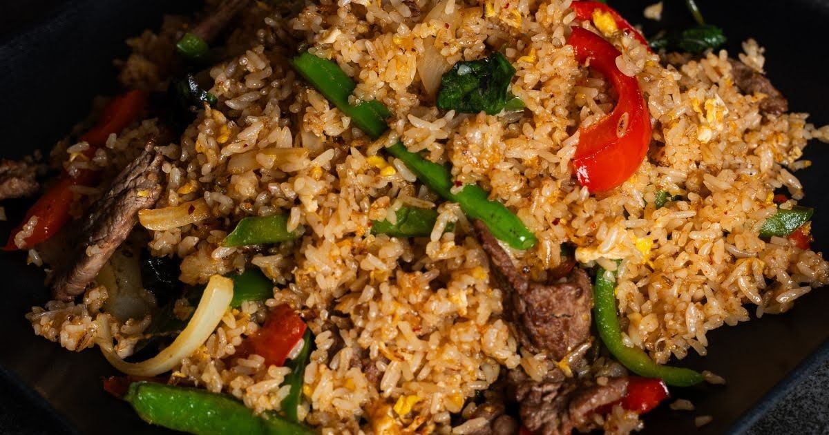 Thai beef fried rice with vegetables from Rickshaw Thai Street Food in Alpharetta, GA 