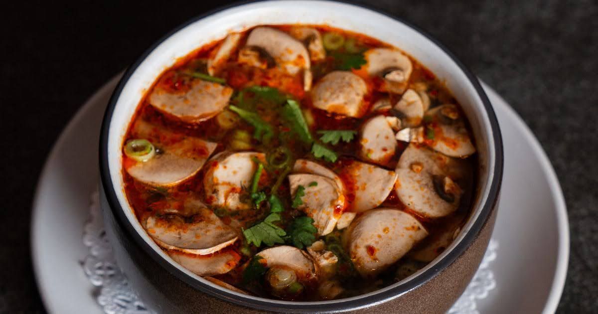 Spicy Thai mushroom soup with herbs and chili oil from Rickshaw Thai Street Food in Alpharetta.