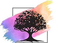 A tree is silhouetted against a colorful background in a square.