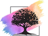 A tree is silhouetted against a colorful background in a square.