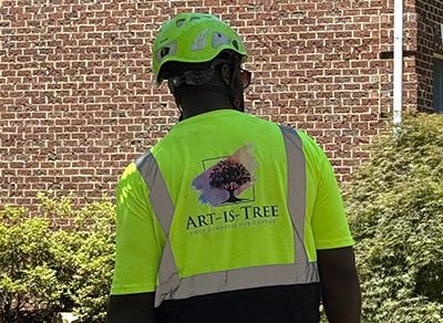 A man wearing a helmet and a yellow shirt that says art is tree is standing in front of a brick building.