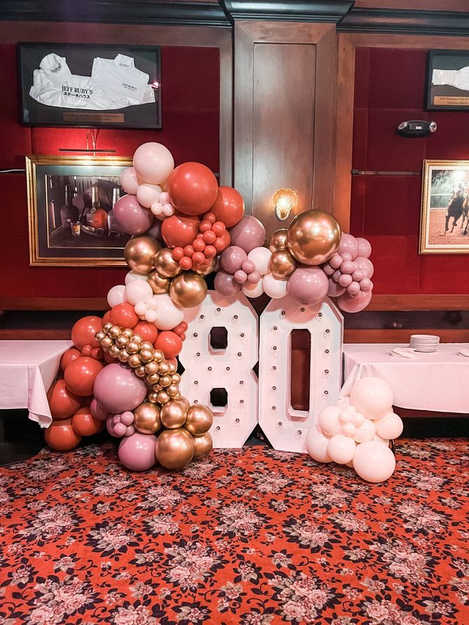 a room filled with balloons and a sign that says 80