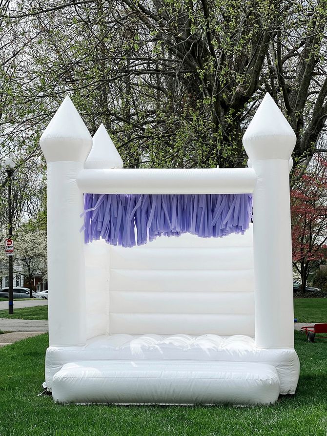 a white bouncy castle is sitting on top of a lush green field