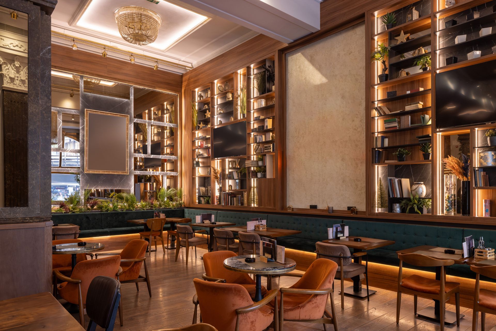 A coffee shop with a modern design, velvet seating, and wooden accents, showcasing a shop fitout. A coffee shop with a modern design, velvet seating, and wooden accents, showcasing a shop fitout.