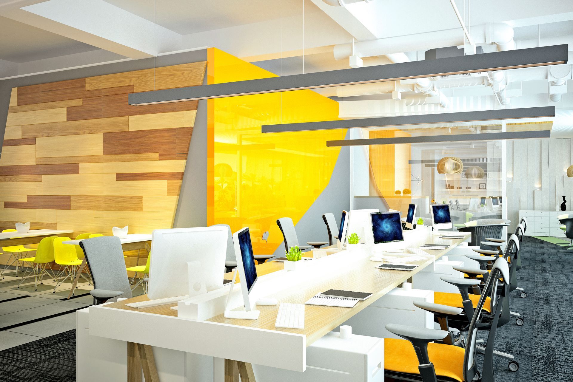 Interior of a modern open office with wood panels and yellow seating. Interior of a modern open office with wood panels and yellow seating.