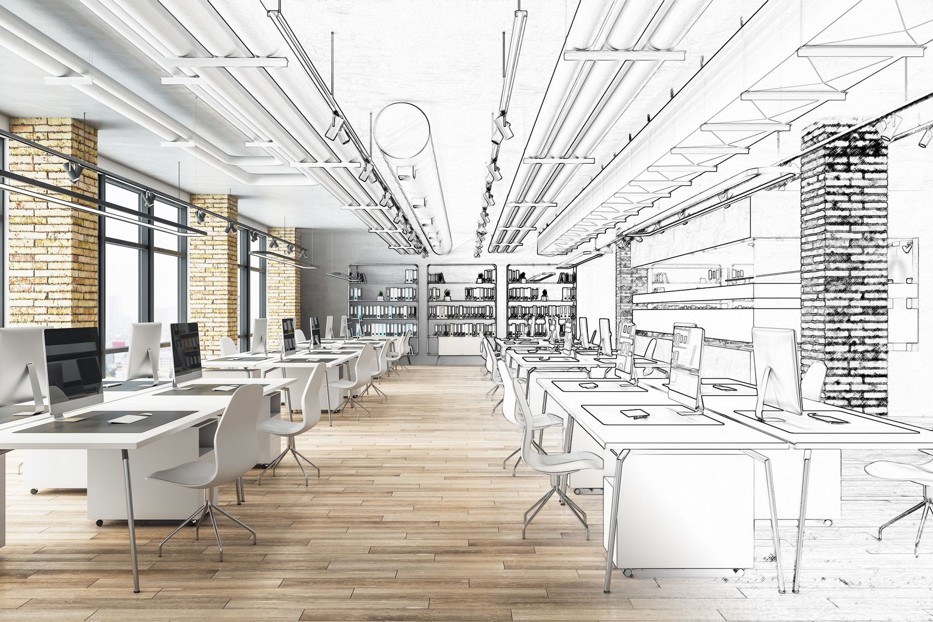 A drawing of a modern office featuring numerous desks arranged in an open layout.