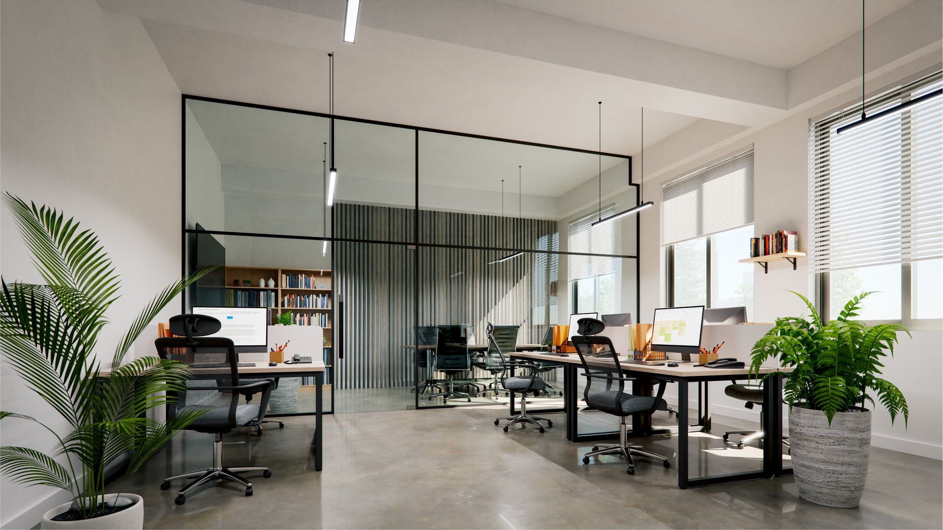 A modern, small office interior with white walls and concrete floors, after an interior fitout.