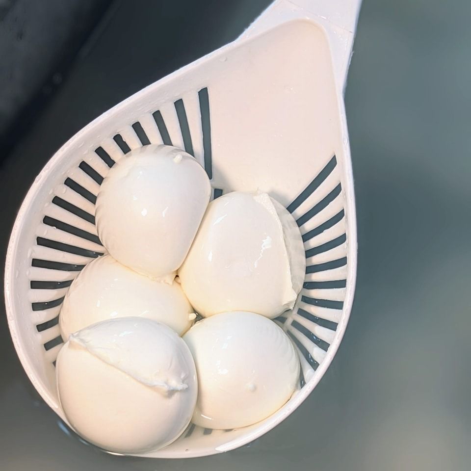Palline di mozzarella bianca in una paletta bianca forata.