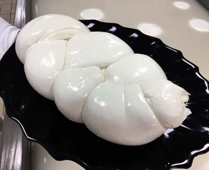 Mozzarella intrecciata su un piatto nero decorativo. Formaggio bianco e lucido.