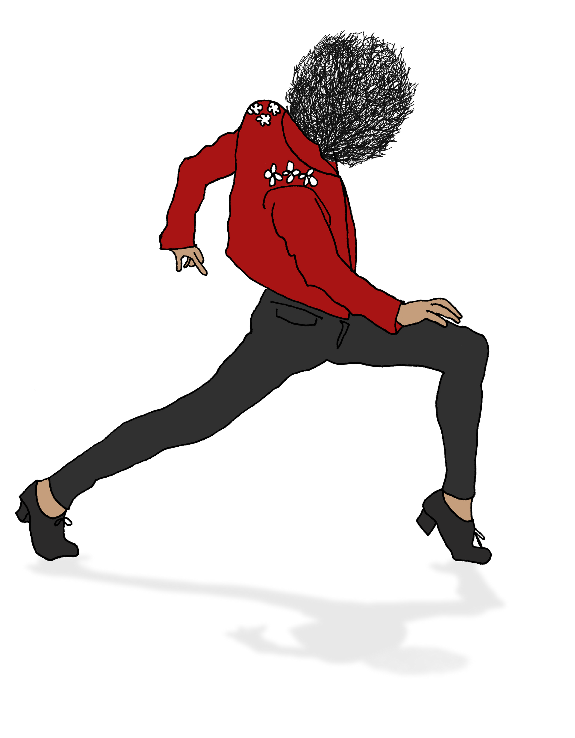 A cartoon of a man in a red jacket and black pants dancing