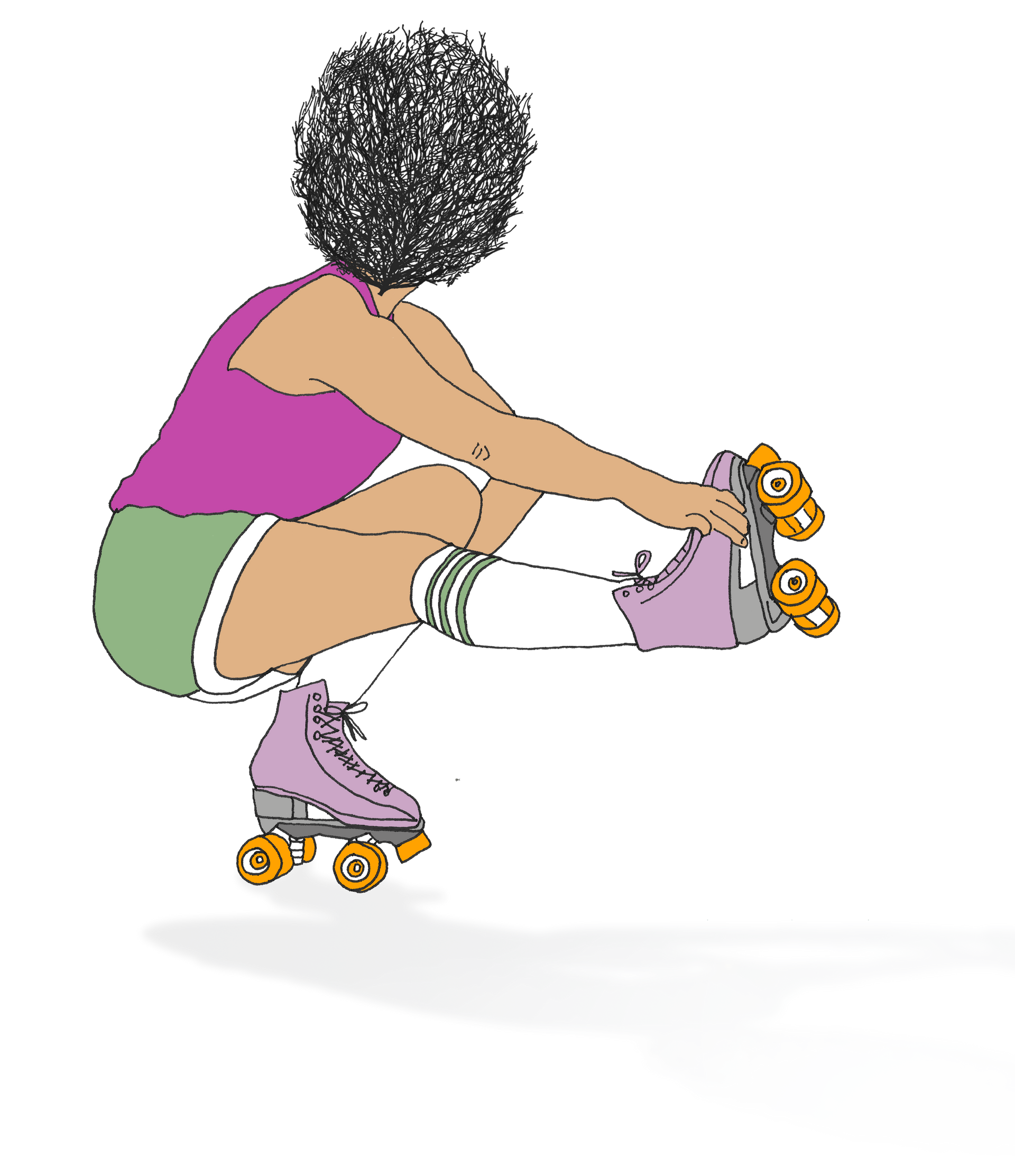 A woman is squatting down to tie her roller skates