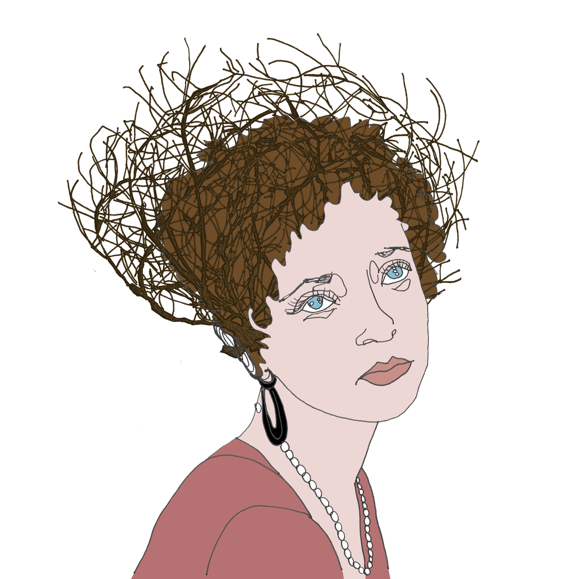 A drawing of a woman with a messy hairdo