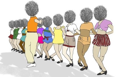 A group of people dancing with their heads covered in hair