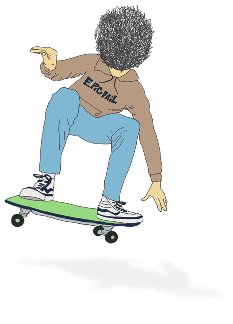 A cartoon drawing of a person riding a skateboard