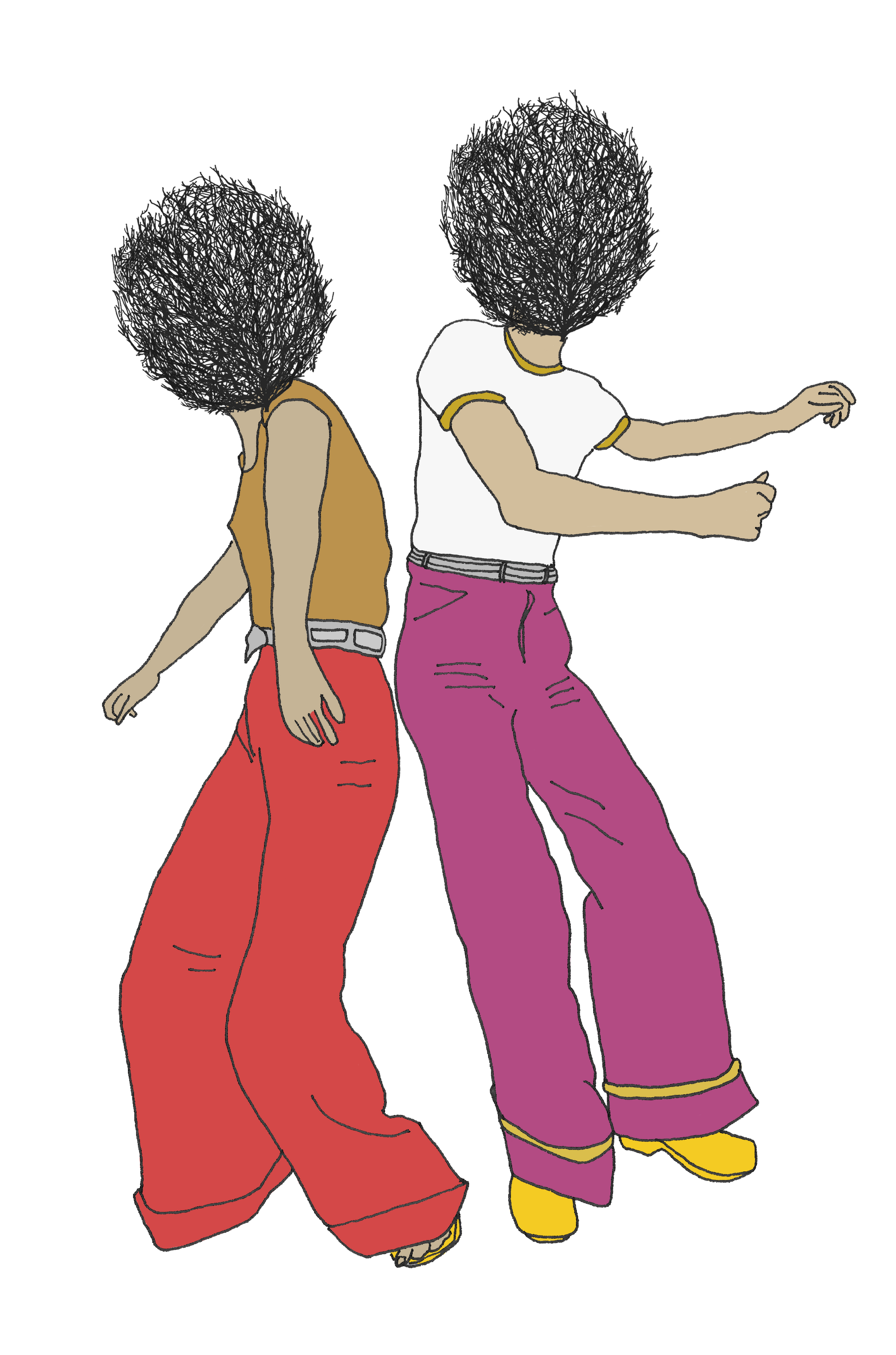 Two people are dancing back to back with afros on their heads.