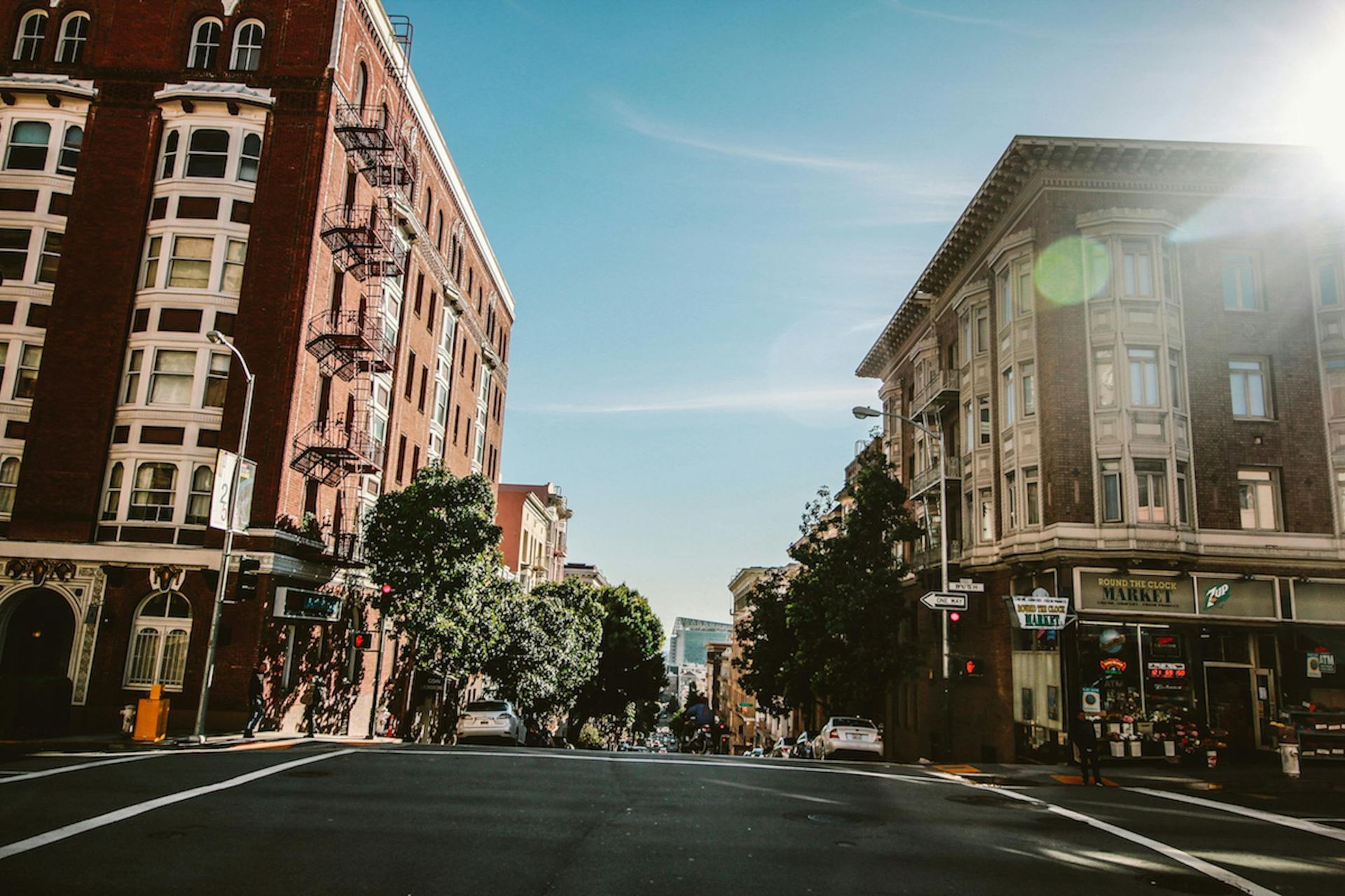 A city street with a lot of buildings and trees