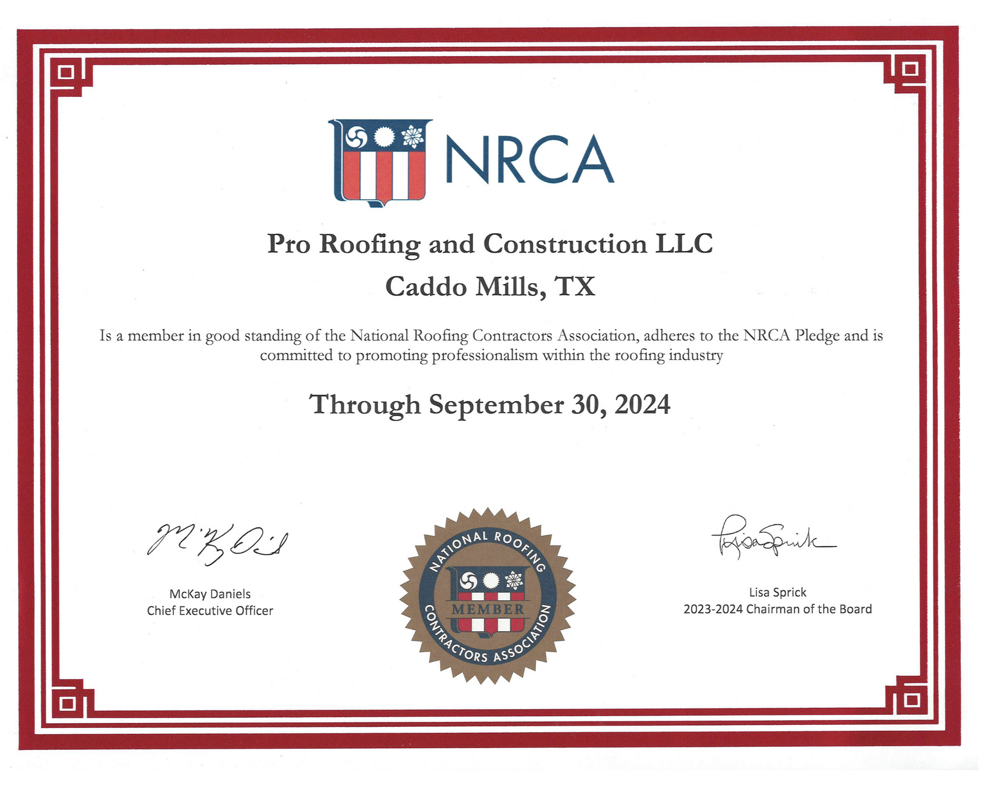 national roofing construction association certificate