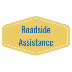 Yellow and white hexagon with blue text: Roadside Assistance.