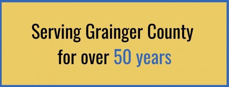 Text on a yellow rectangle with a blue border: Serving Grainger County for over 50 years.