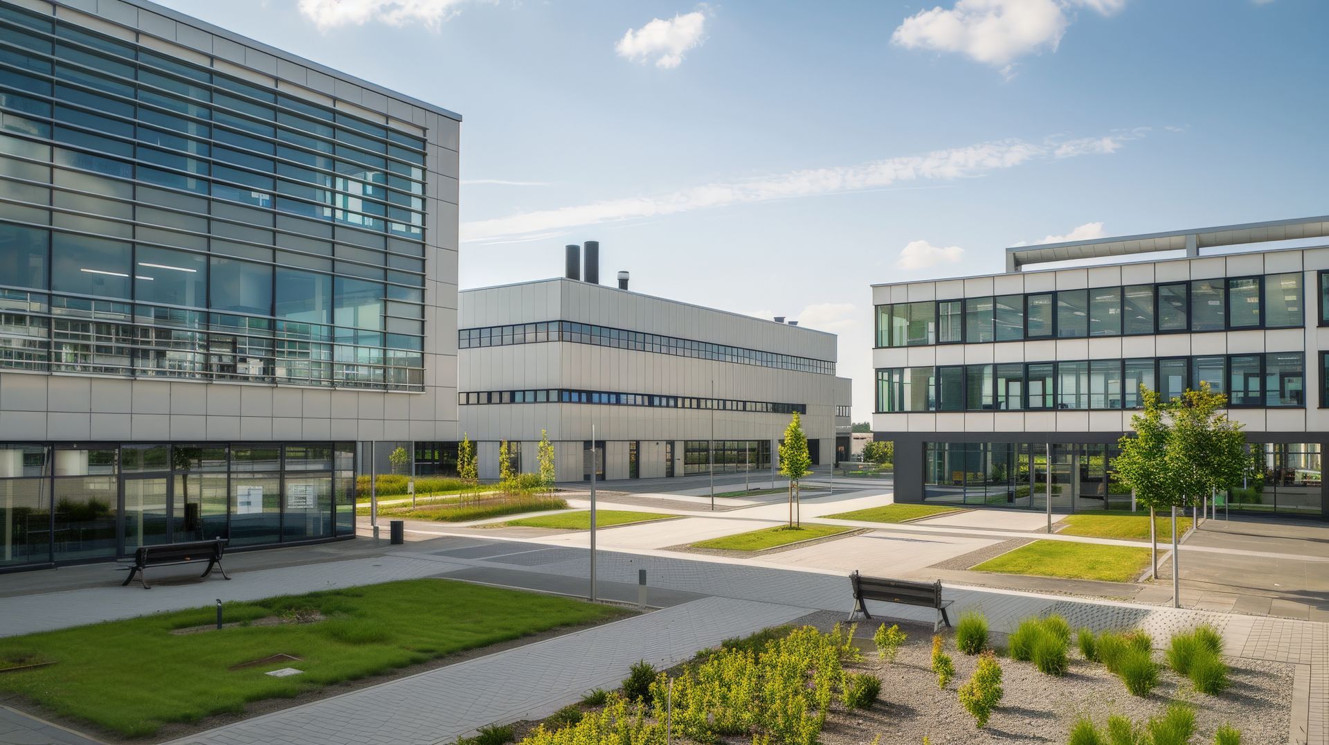 Industriegebiet mit modernen Gebäuden und einem schönen Garten.