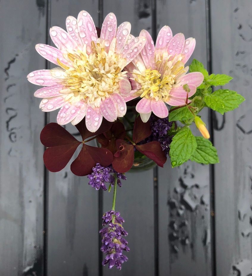 en buket lyserøde og gule blomster