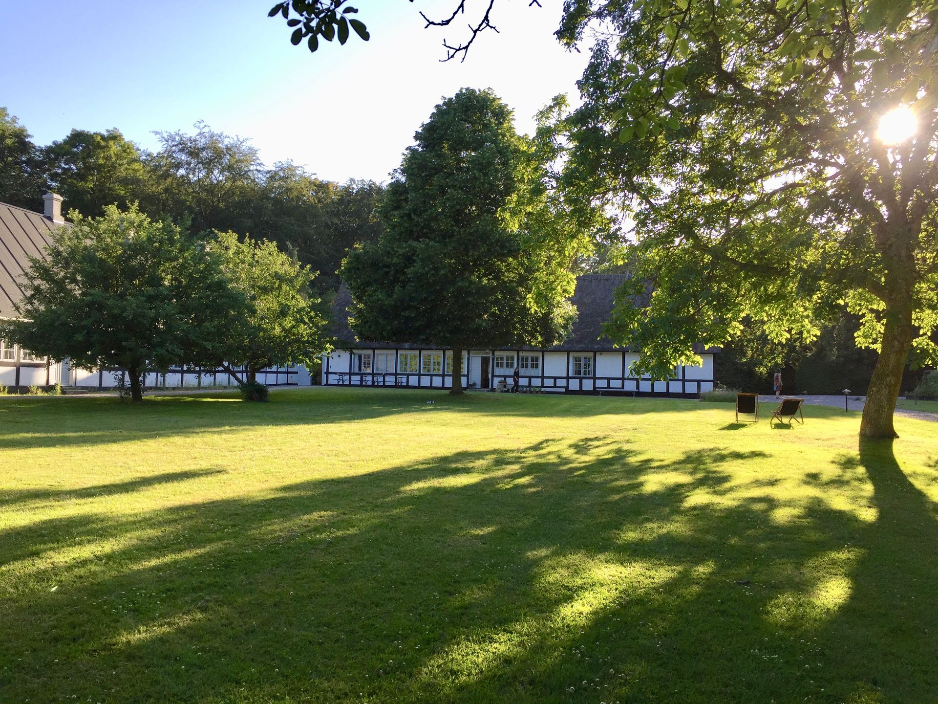 en stor græsplæne med en gård i baggrunden