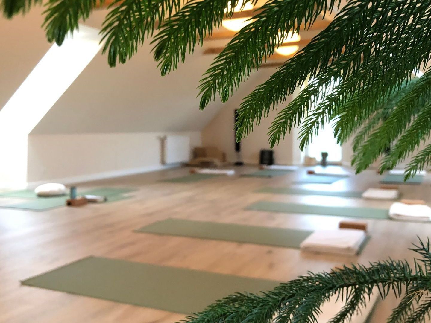 Yoga studie med måtter og puder på gulvet