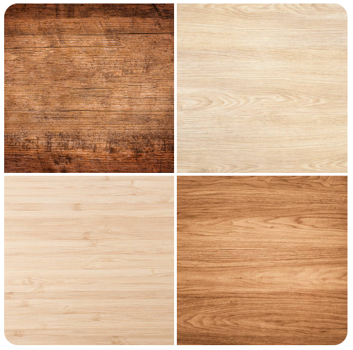 Quattro texture in legno nei colori marrone, beige chiaro e marrone chiaro.