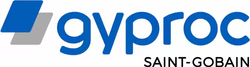 Logo Gyproc con testo blu e una forma geometrica blu e grigia sopra il testo. Saint-Gobain in basso.