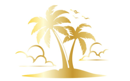 Un'immagine dorata raffigurante due palme su una piccola isola, circondate da nuvole e uccelli stilizzati su sfondo bianco.