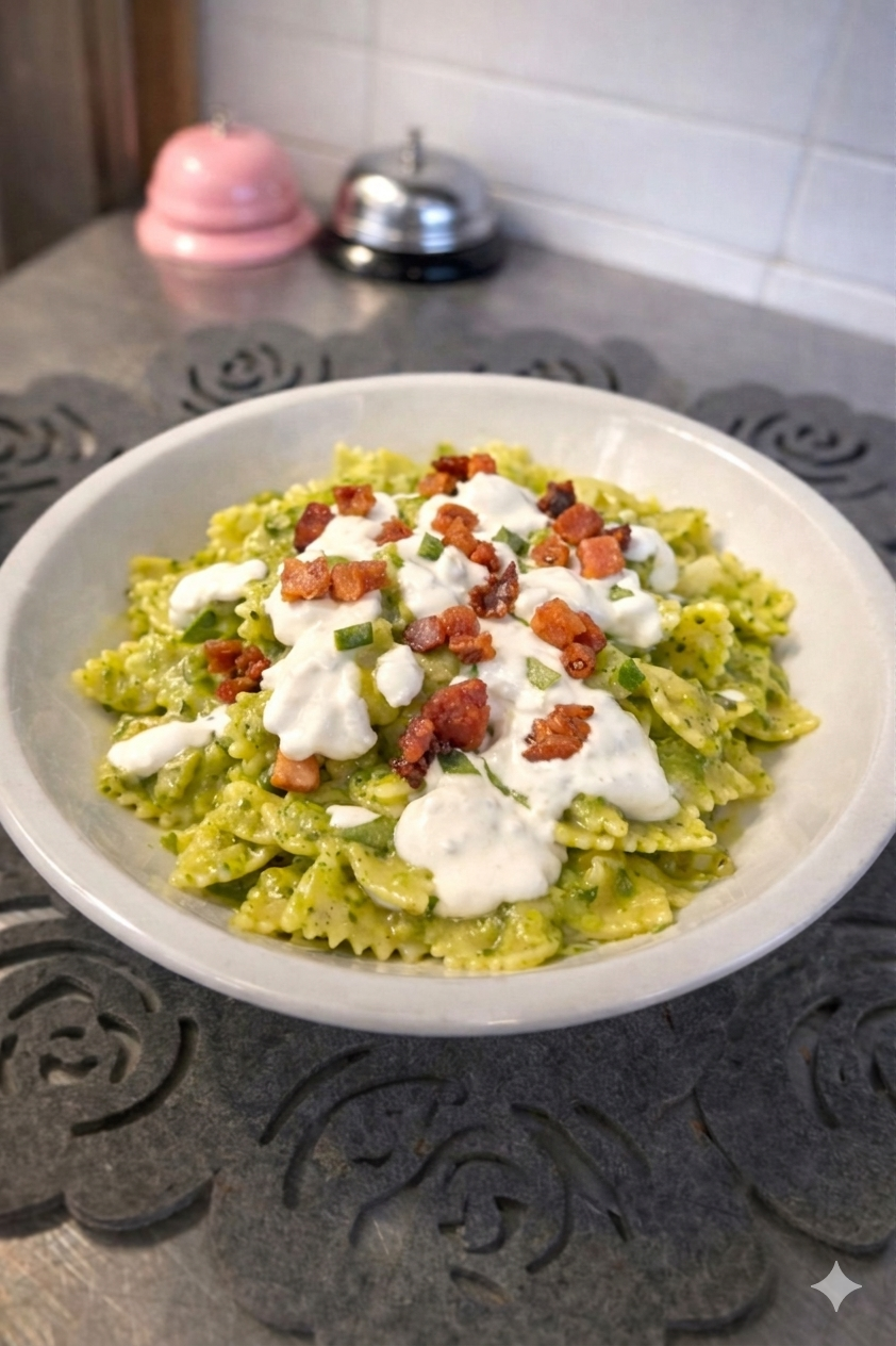 Una ciotola di pasta a farfalle con salsa al pesto verde, guarnita con ciuffi di formaggio bianco cremoso e pezzetti di pancetta croccante.