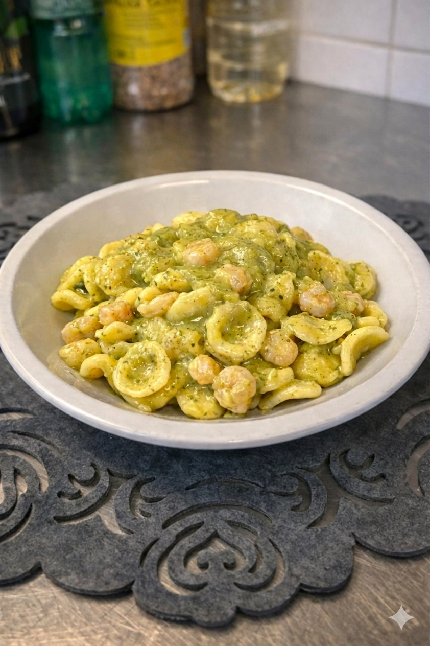 Una ciotola bianca di orecchiette con gamberi e salsa al pesto verde, servita su una tovaglietta decorativa grigia.