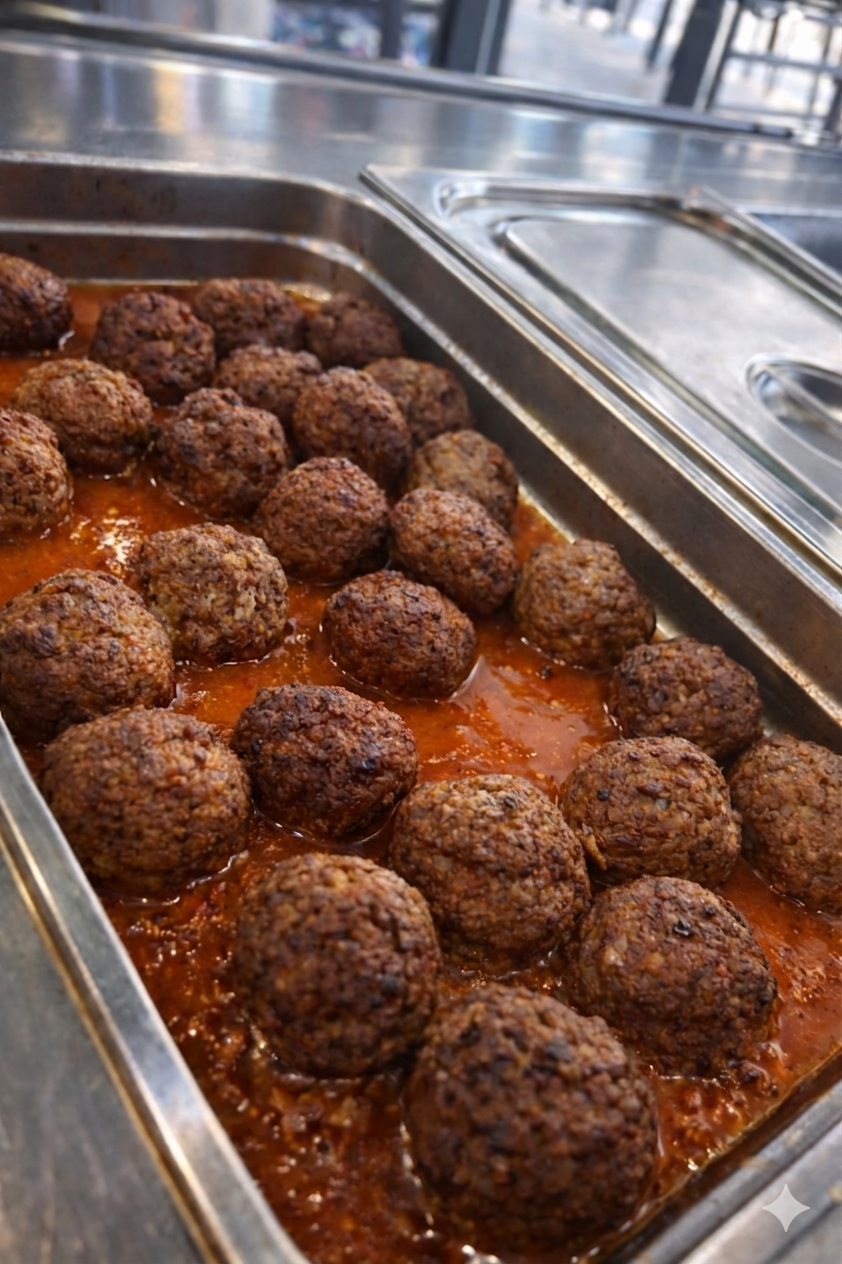 Un vassoio metallico per catering, pieno di polpette cotte in salsa di pomodoro, appoggiato sul bancone di una cucina professionale.