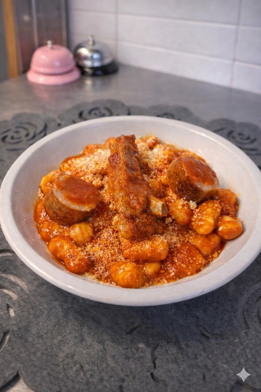 Una ciotola bianca piena di gnocchi in salsa di pomodoro, guarnita con salsicce e formaggio grattugiato, su una superficie grigia.