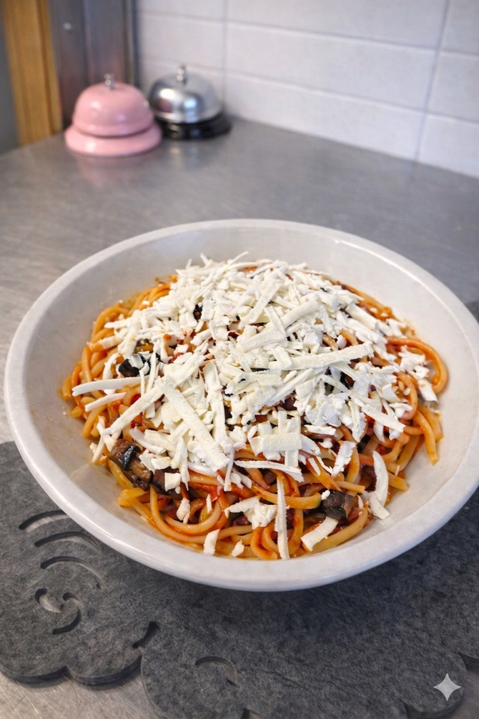 Una ciotola di spaghetti condita con formaggio bianco grattugiato e pezzi di formaggio scuro, adagiata su una tovaglietta grigia su un bancone di metallo.