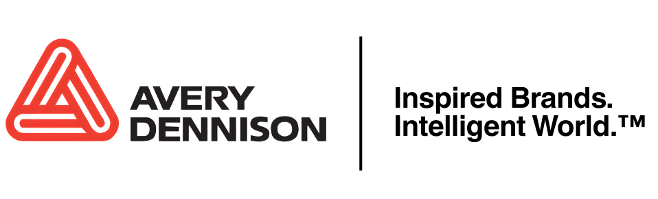 Avery Dennison logo with a red and white triangle symbol, and tagline, 