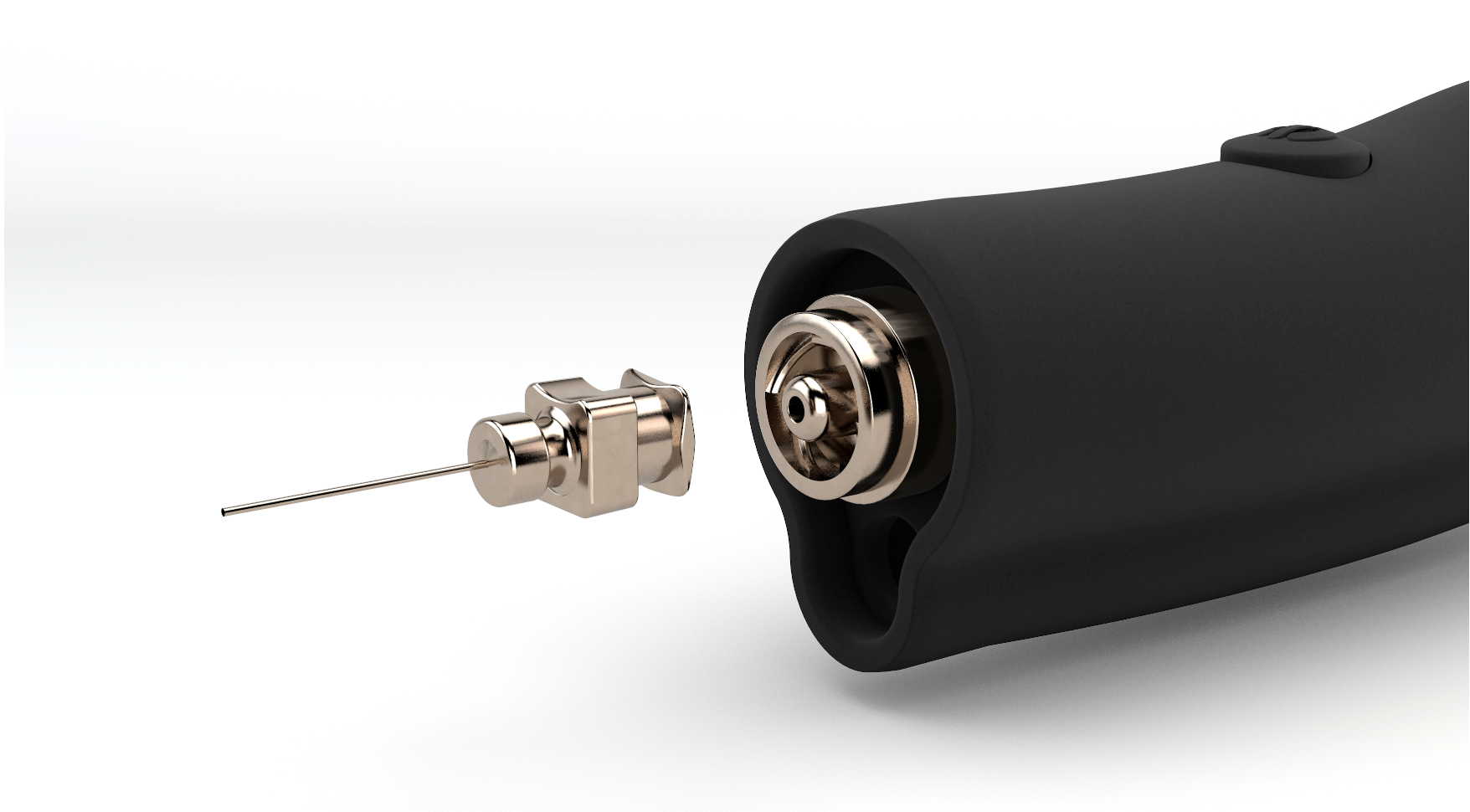 A close up of a black object with a needle sticking out of it.