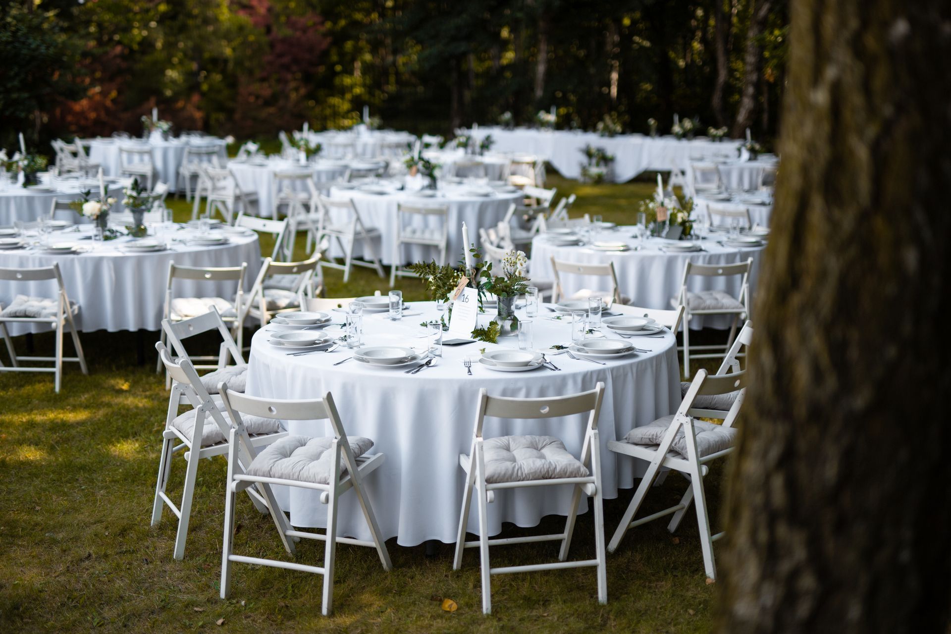 There are many tables and chairs set up for a wedding reception.