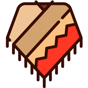 Poncho with beige, tan, and red stripes and fringed hem.