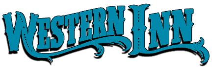 Logo for Western Inn: Turquoise lettering with drop shadow and decorative flourishes.