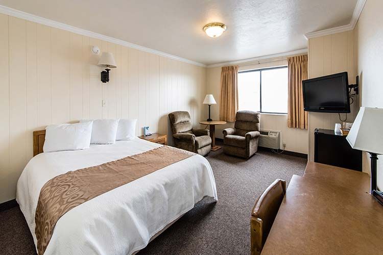 Hotel room with a bed, two armchairs, a desk, a TV, and a window.