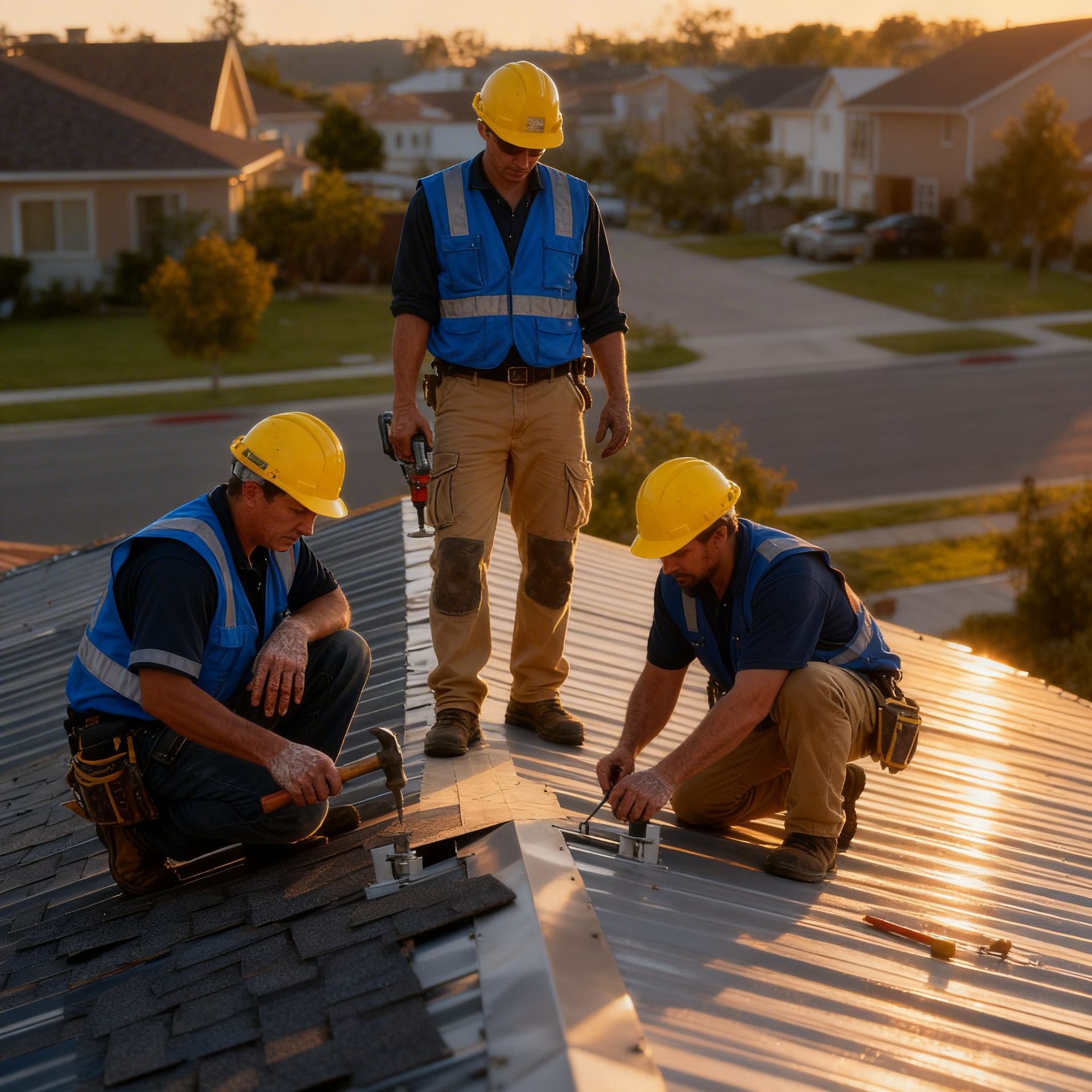 Three construction workers wearing hard hats and safety vests are working on a rooftop.