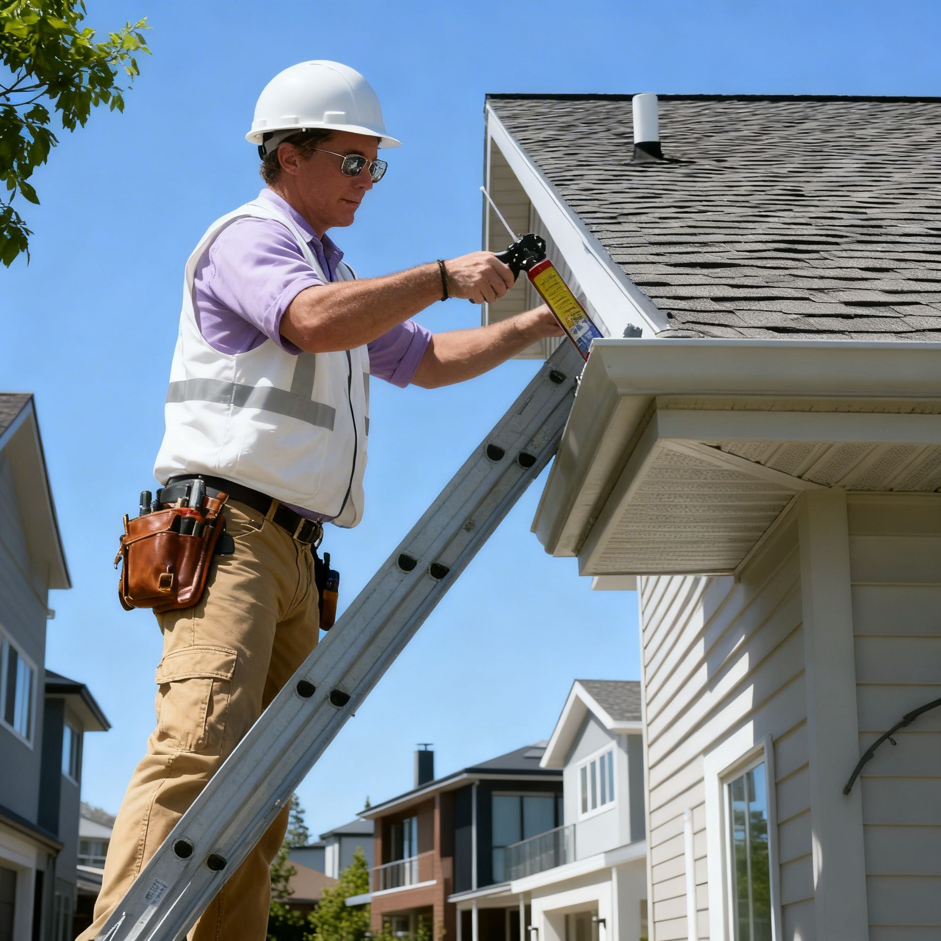 Construction worker on a ladder, caulking a gutter on a house. Blue sky, white vest, and hard hat.